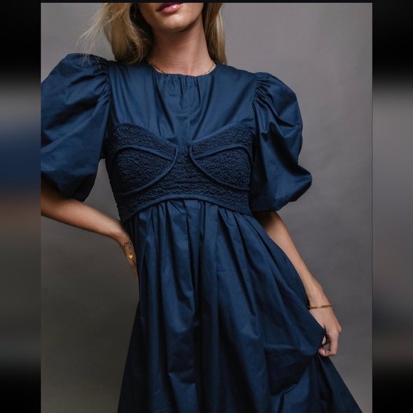 bohme Dresses & Skirts - Bohme Navy Blue Puff Sleeve Corset Dress